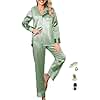 WJing Yi Jia Womens Pajama Set Silk Satin Pajamas Long 2pc Pjs Button Down Sleepwear Pj Set Loungewear